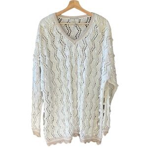 Vtg Express Tricot Handknitted Long Oversized Loose Knit White Sweater V Neck L
